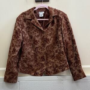 French Fressing vintage women’s L Elegant Brown Floral Tapestry Jacket